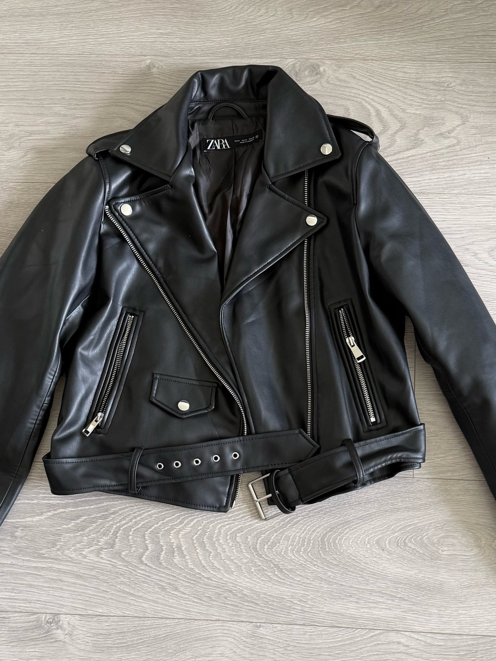 ZARA Black Faux Leather Biker Jacket with Belt